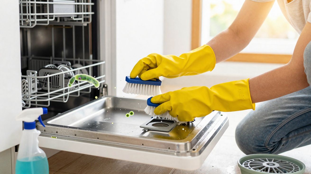 Pessoa com luvas amarelas limpando a porta aberta de uma lava-louças com escovas pequenas.