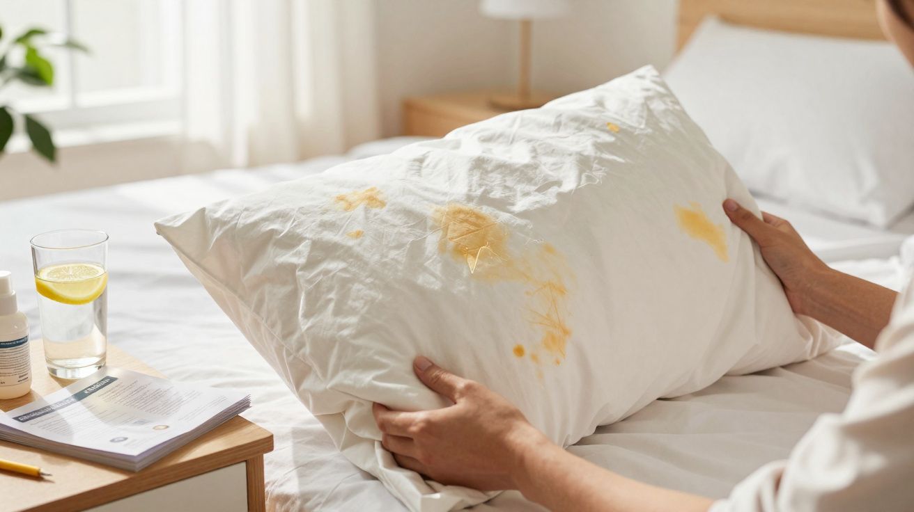 Pessoa segurando travesseiro branco com manchas amarelas em cama clara perto de mesa com copo de água e livro.