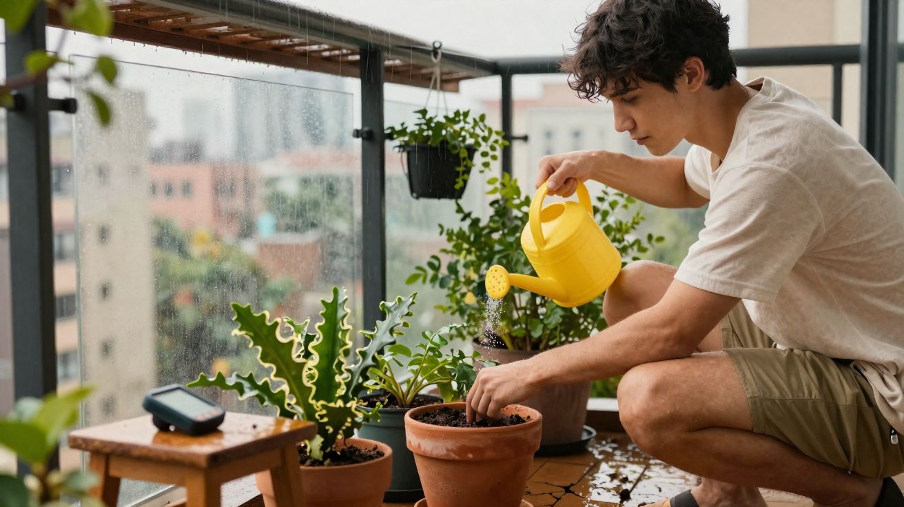 Homem regando plantas em vasos no chão de varanda com jarro amarelo.