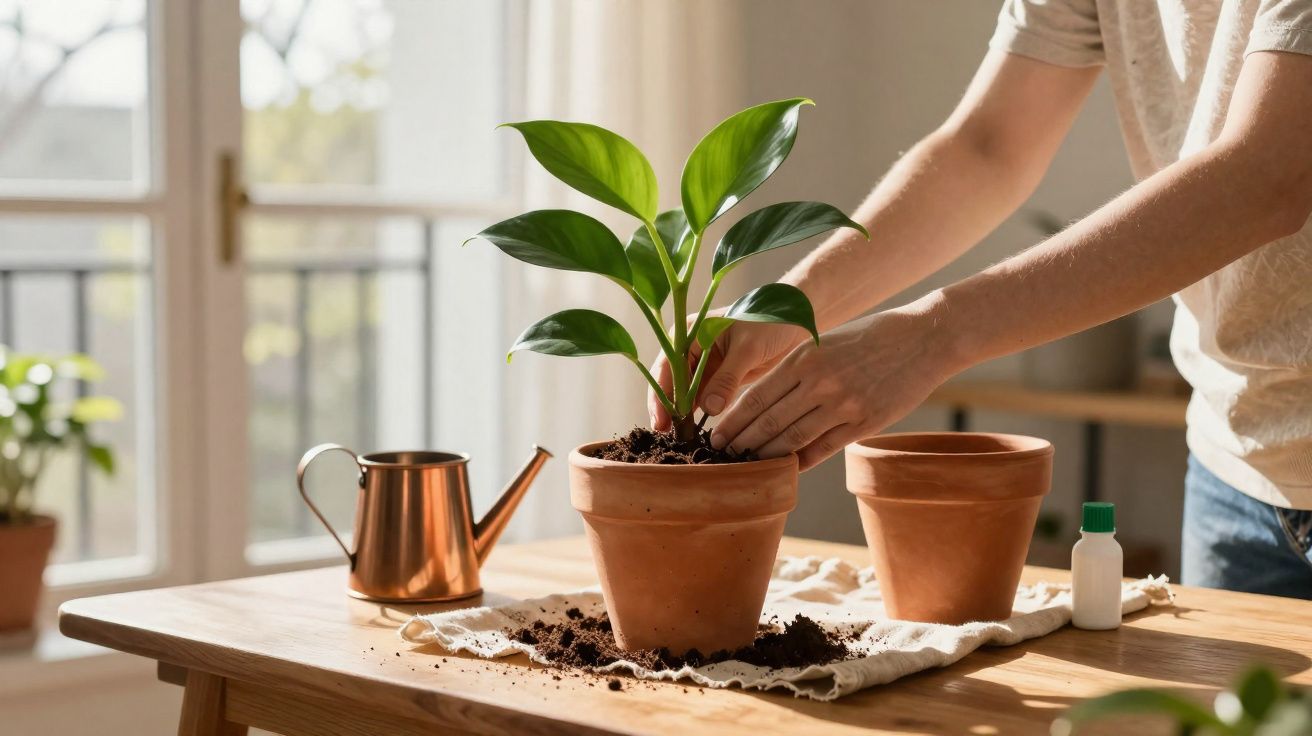 Pessoa transplantando planta em vaso de barro sobre mesa de madeira com regador ao fundo.