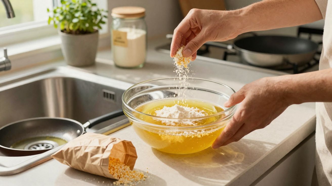 Pessoa adiciona ingredientes em uma tigela de vidro na bancada da cozinha iluminada pela janela.