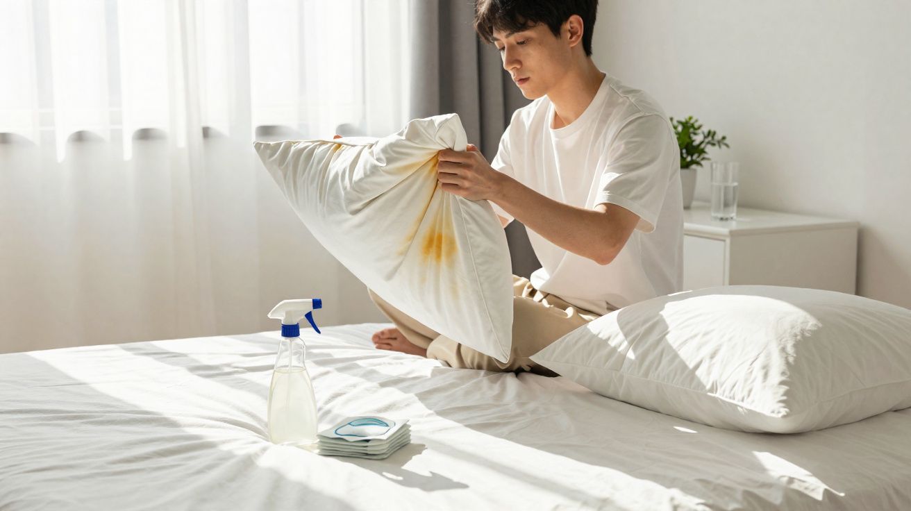 Homem sentado na cama segurando travesseiro com mancha amarela, ao lado spray de limpeza e pastilhas.