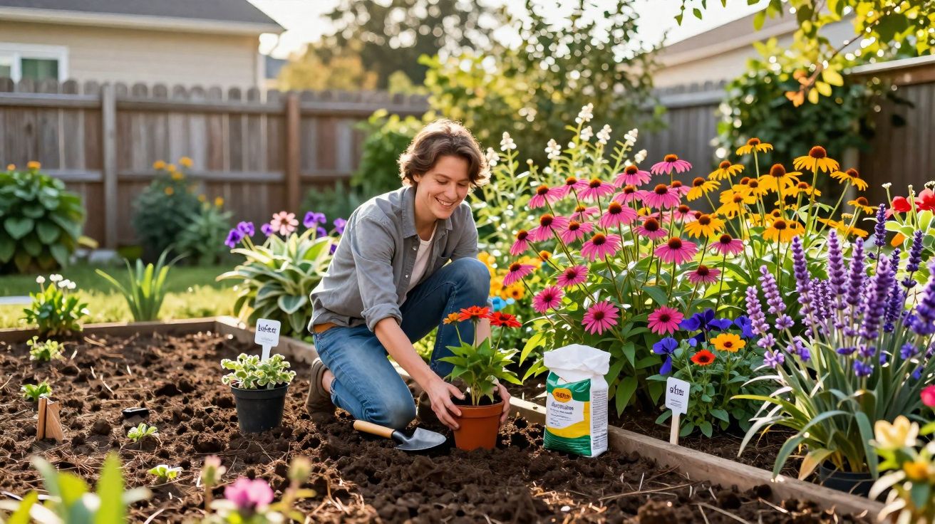 Pessoa plantando flores coloridas em jardim ensolarado com ferramentas e fertilizante ao lado.