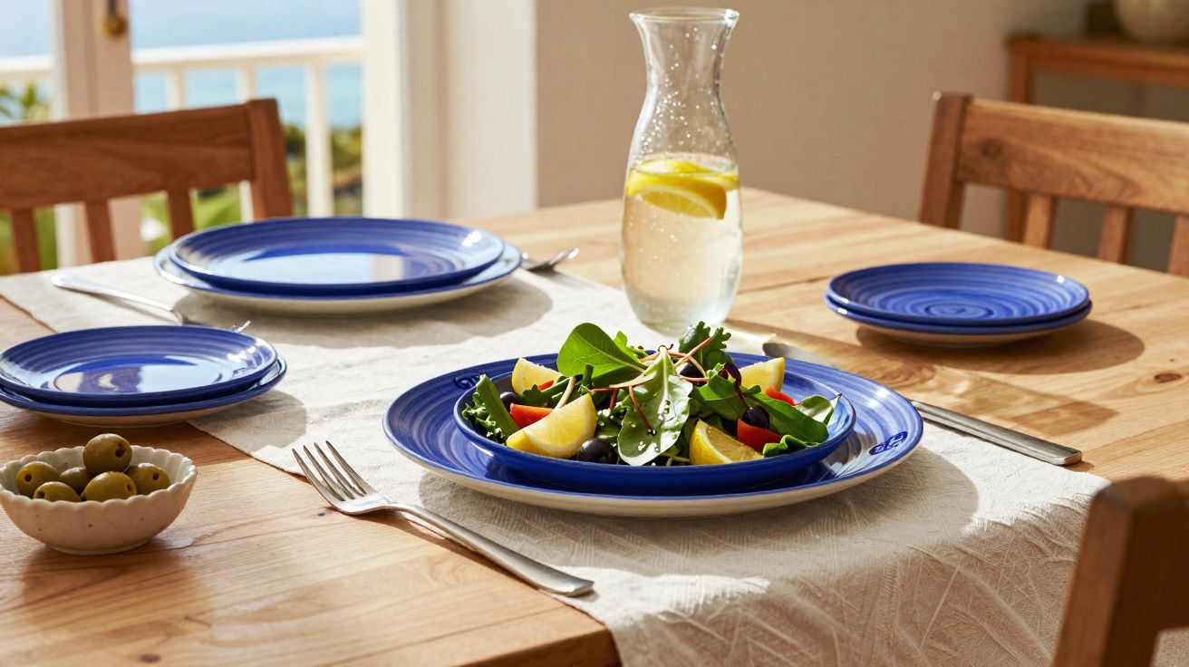 Mesa posta com salada em pratos azuis, jarra de água com limão e azeitonas em tigela branca.