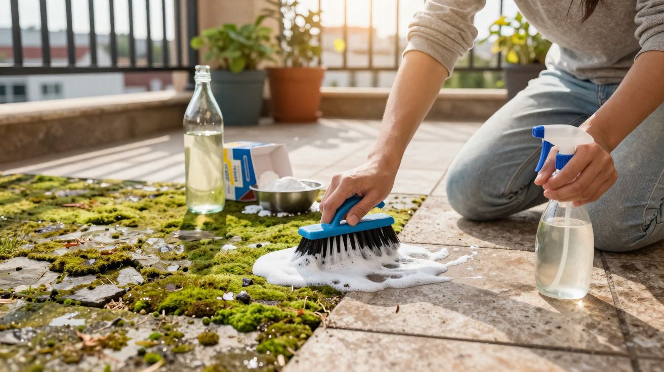 Pessoa usando escova e spray para limpar musgo do piso em área externa ensolarada.