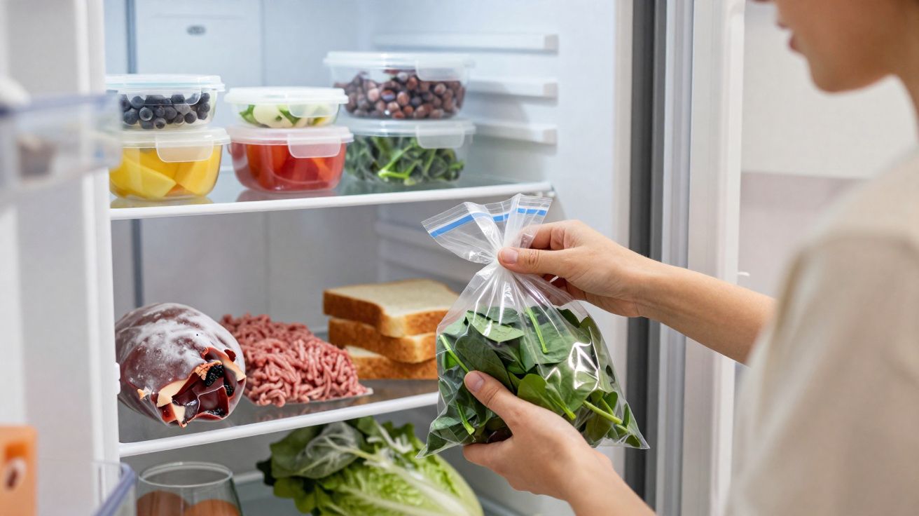 Pessoa guardando folhas verdes em saco plástico dentro de geladeira organizada com alimentos frescos.