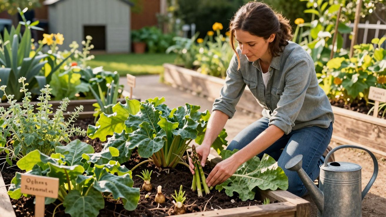 Mulher colhendo plantas em canteiro elevado de horta urbana ensolarada com regador ao lado.
