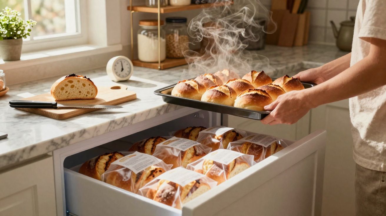 Pessoa retirando fornada de pães quentes de forno embutido em cozinha clara e organizada com pão fatiado na bancada.