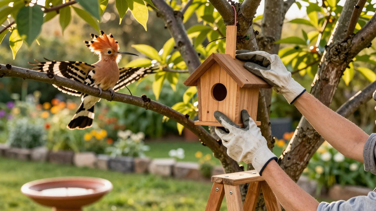 Pessoa instalando uma casinha de pássaros em uma árvore enquanto um pássaro colorido voa próximo.
