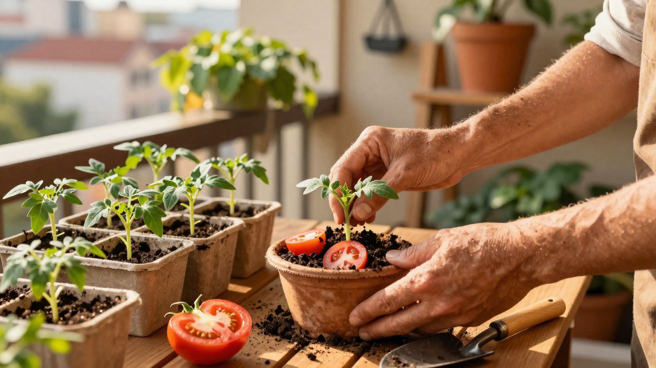 Mãos plantando muda de tomate em vaso de barro com sementes de tomate sobre mesa de madeira.