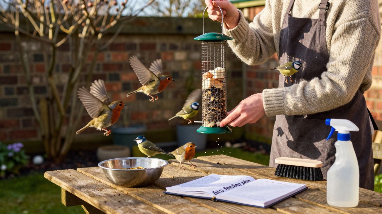 Pessoa alimentando pássaros em alimentador suspenso no jardim, com caderno, escova e borrifador sobre mesa de madeira.