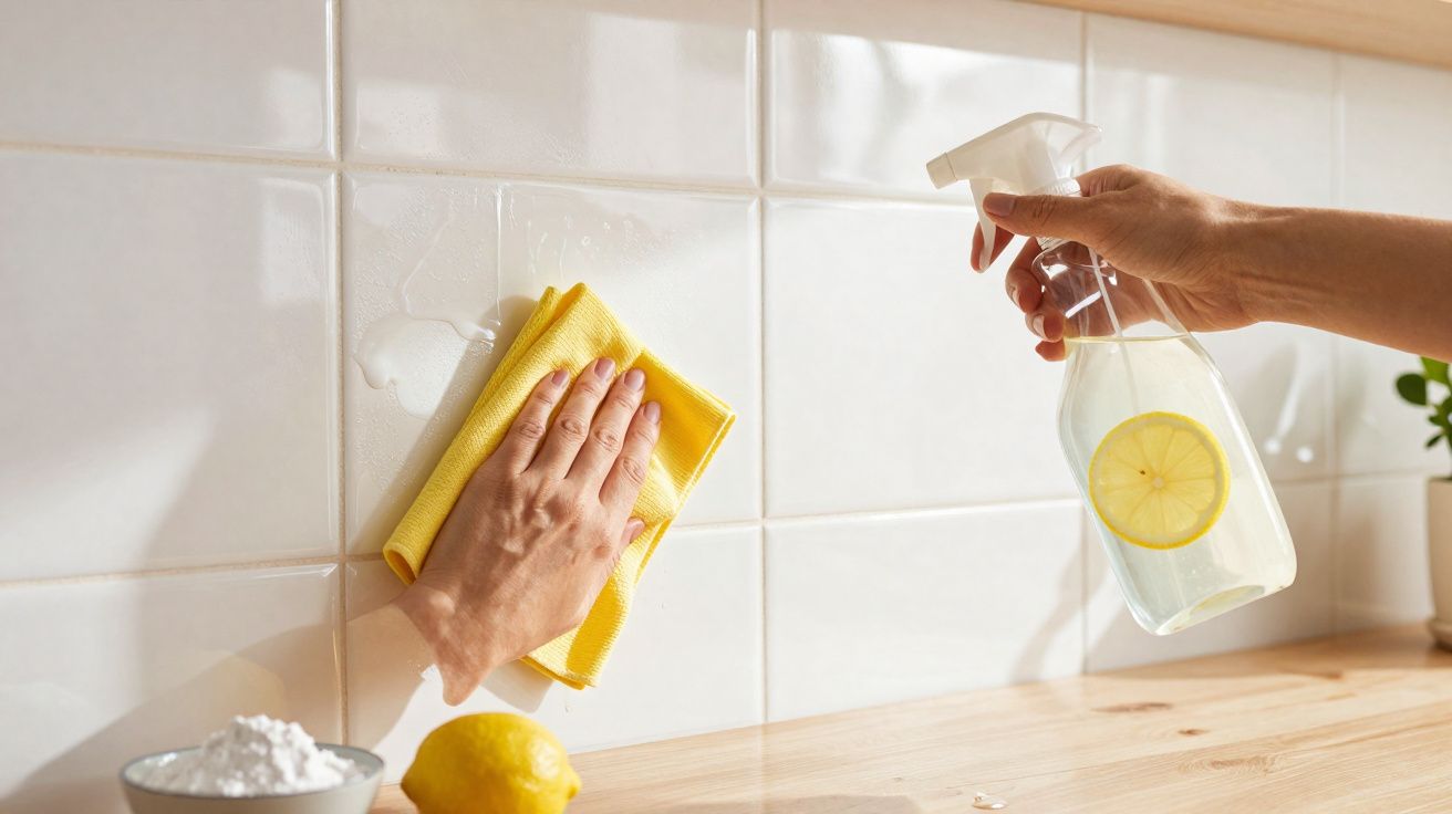 Mãos limpando azulejos brancos com pano amarelo e borrifador com líquido e fatia de limão.