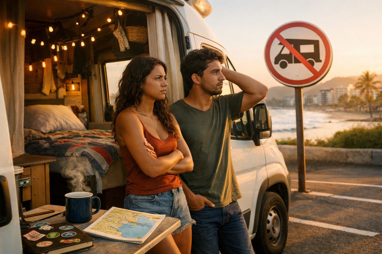 Casal preocupado ao lado de van estacionada perto da praia com placa proibindo motorhome ao fundo.