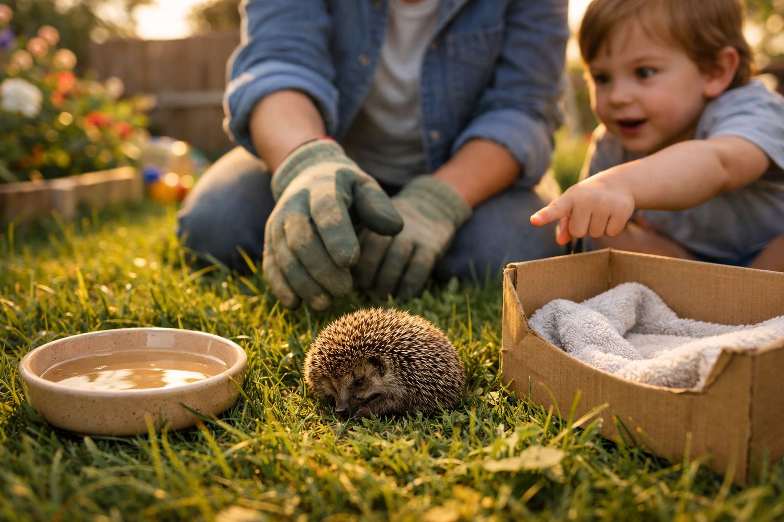 Criança e adulto de luvas observam ouriço-cacheiro no gramado ao lado de prato com água e caixa com toalha.