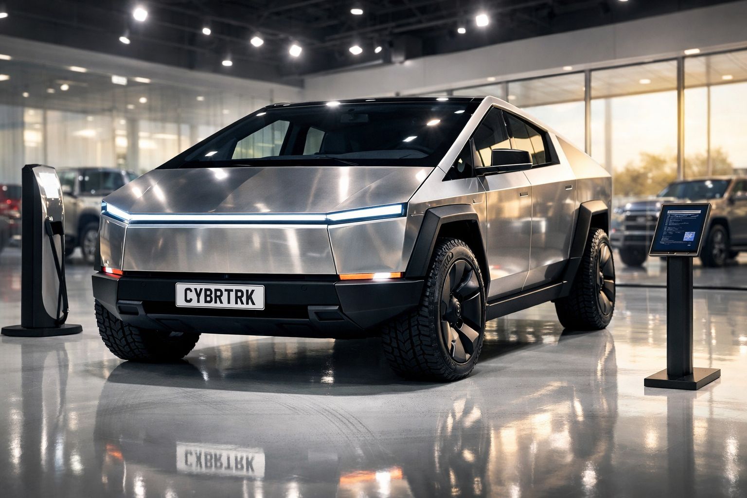 Caminhonete elétrica Tesla Cybertruck prateada estacionada em showroom moderno com chão espelhado.