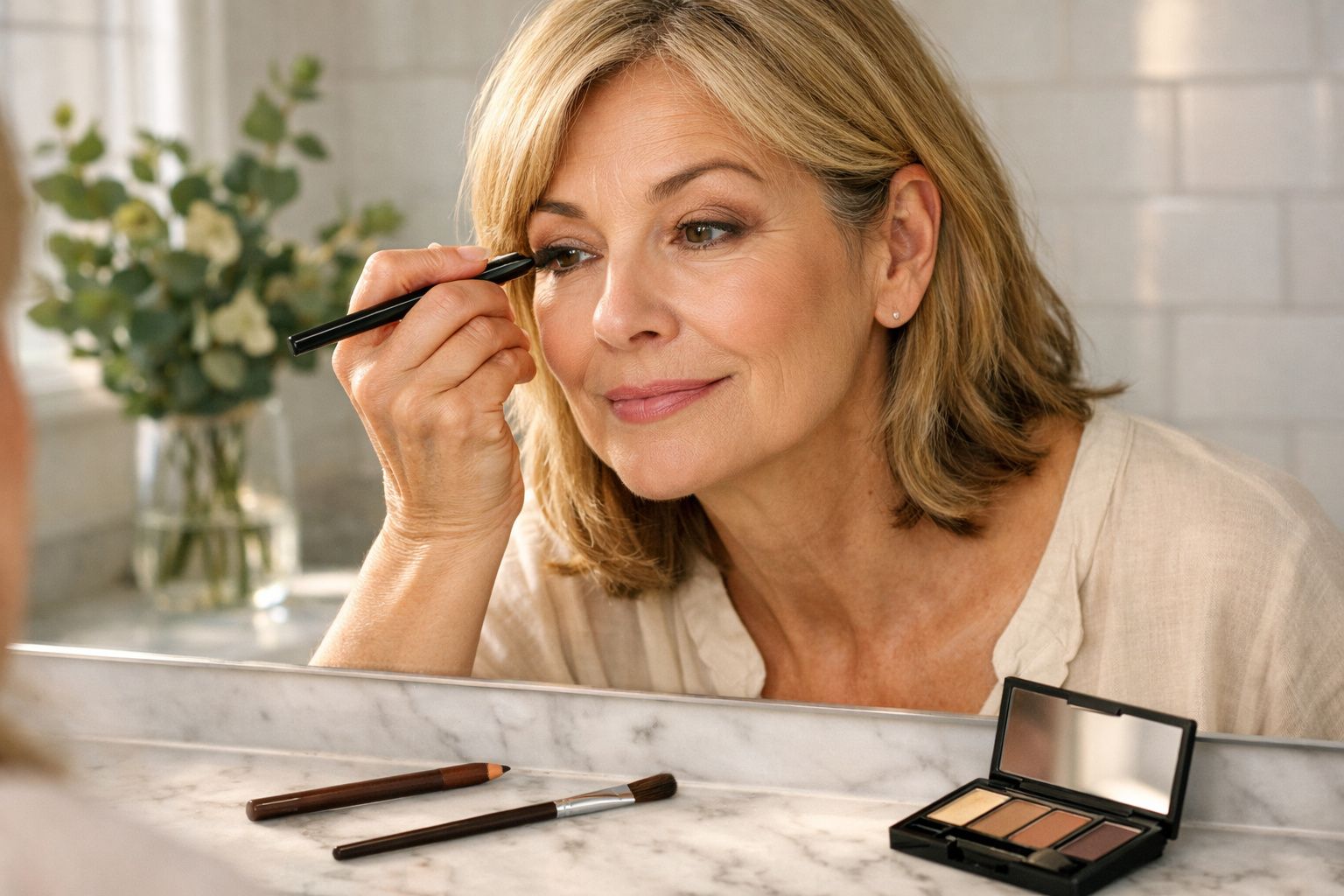 Mulher madura aplicando maquiagem com pincel diante do espelho em ambiente iluminado.