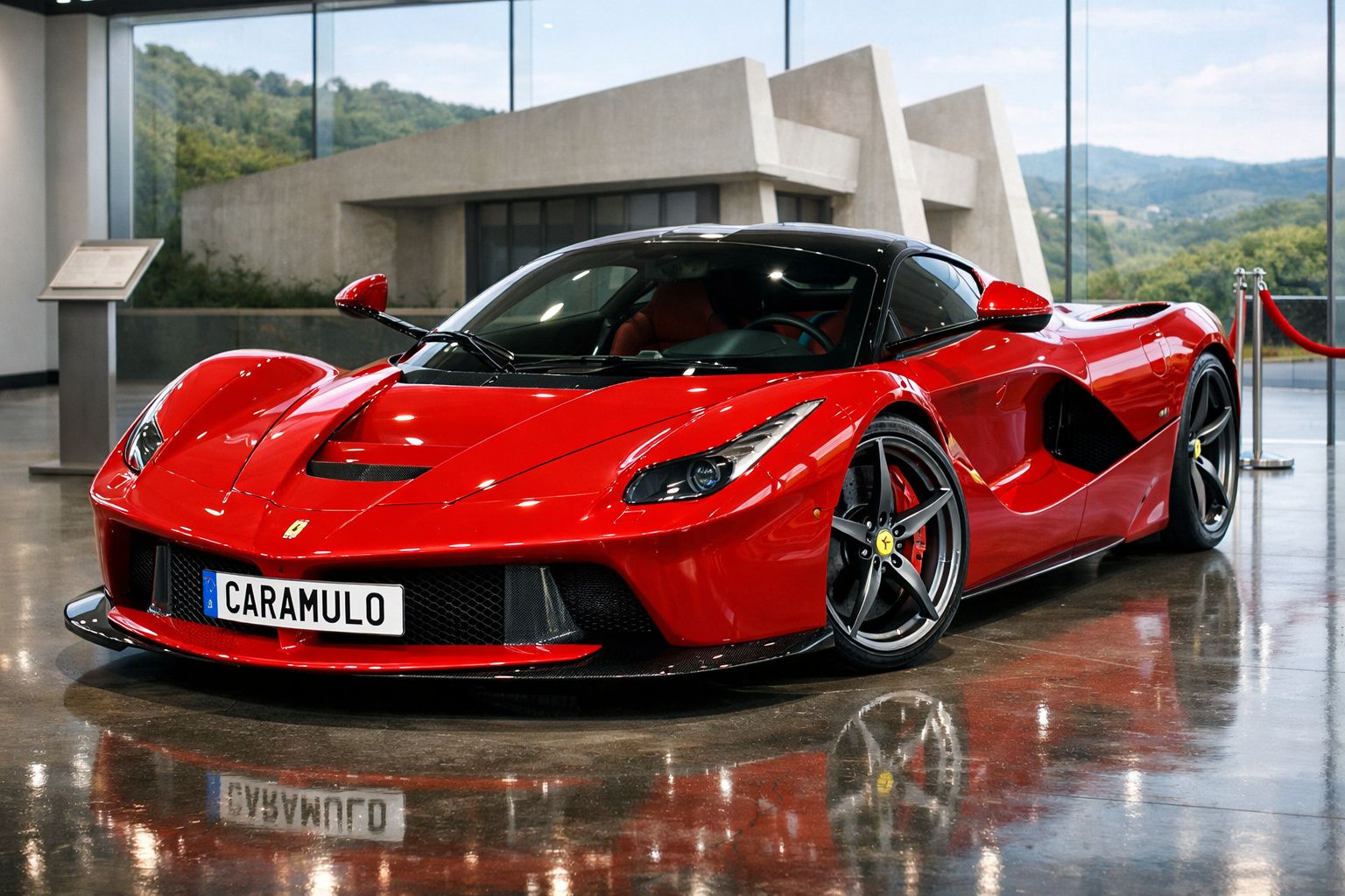 Carro esportivo vermelho Ferrari estacionado em ambiente interno moderno com piso refletivo.