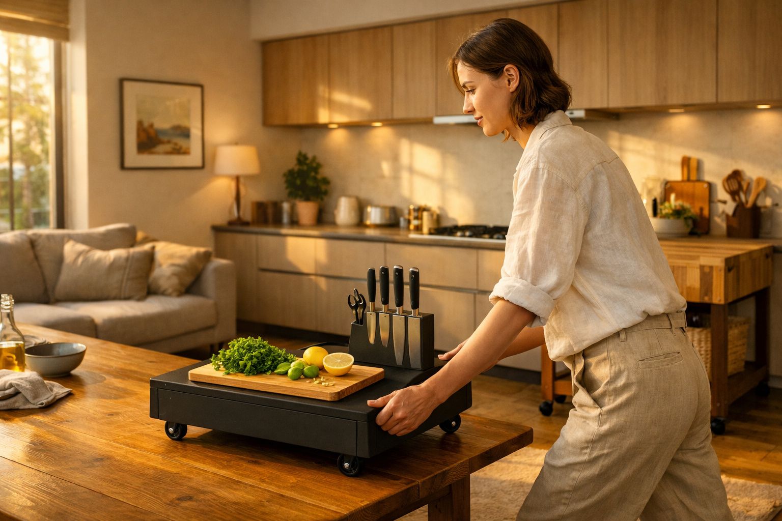 Mulher ajusta bancada móvel com facas e ingredientes em cozinha moderna iluminada pela luz do sol.