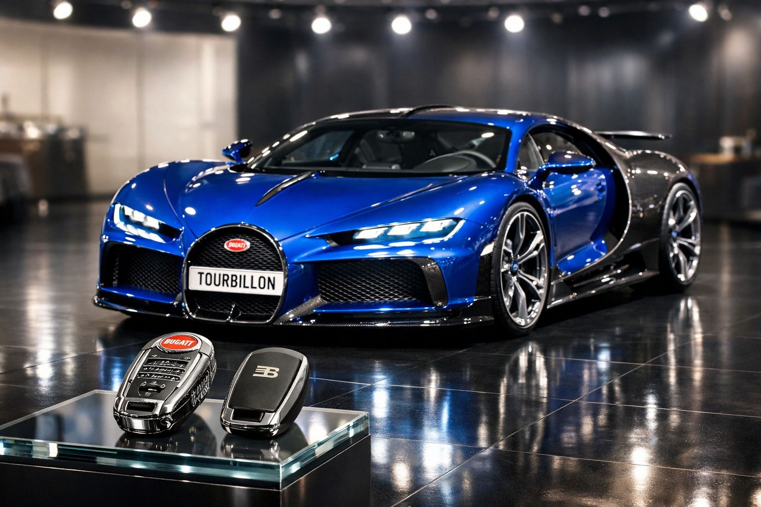 Carro esportivo Bugatti azul e preto modelo Tourbillon com chave de controle em frente, em ambiente interno.