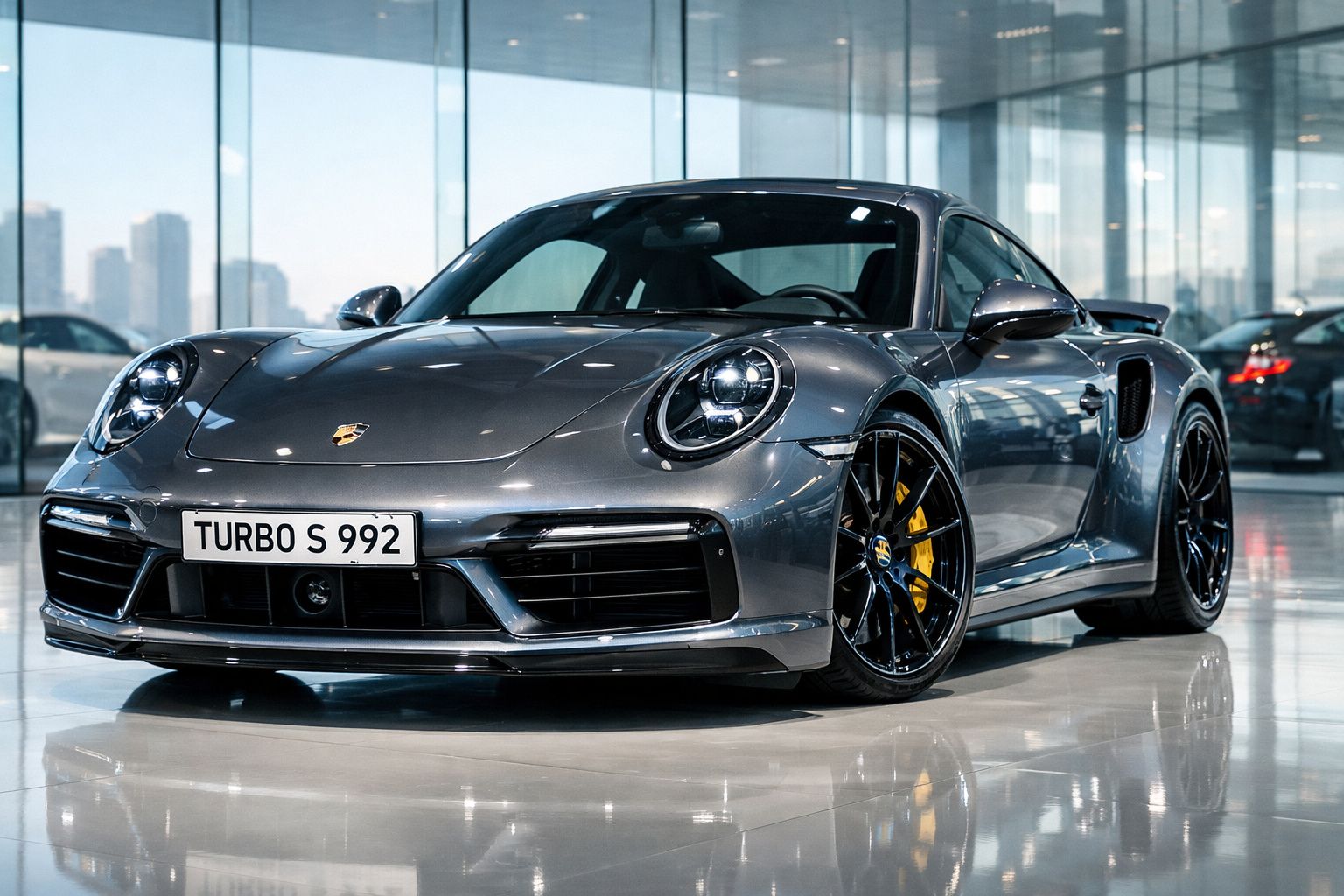Carro esportivo Porsche cinza estacionado em showroom com rodas pretas e freios amarelos.