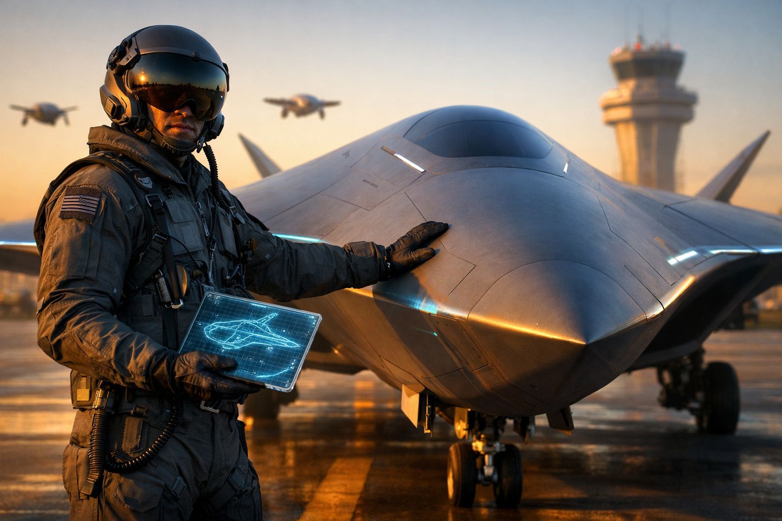 Piloto militar com tablet holográfico ao lado de avião furtivo em pista ao pôr do sol.