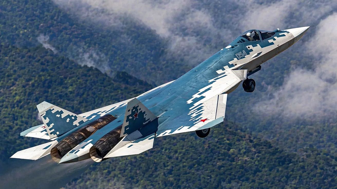 Avião militar estacionado no aeroporto com dois pilotos vestidos em uniformes, e montanhas ao fundo.