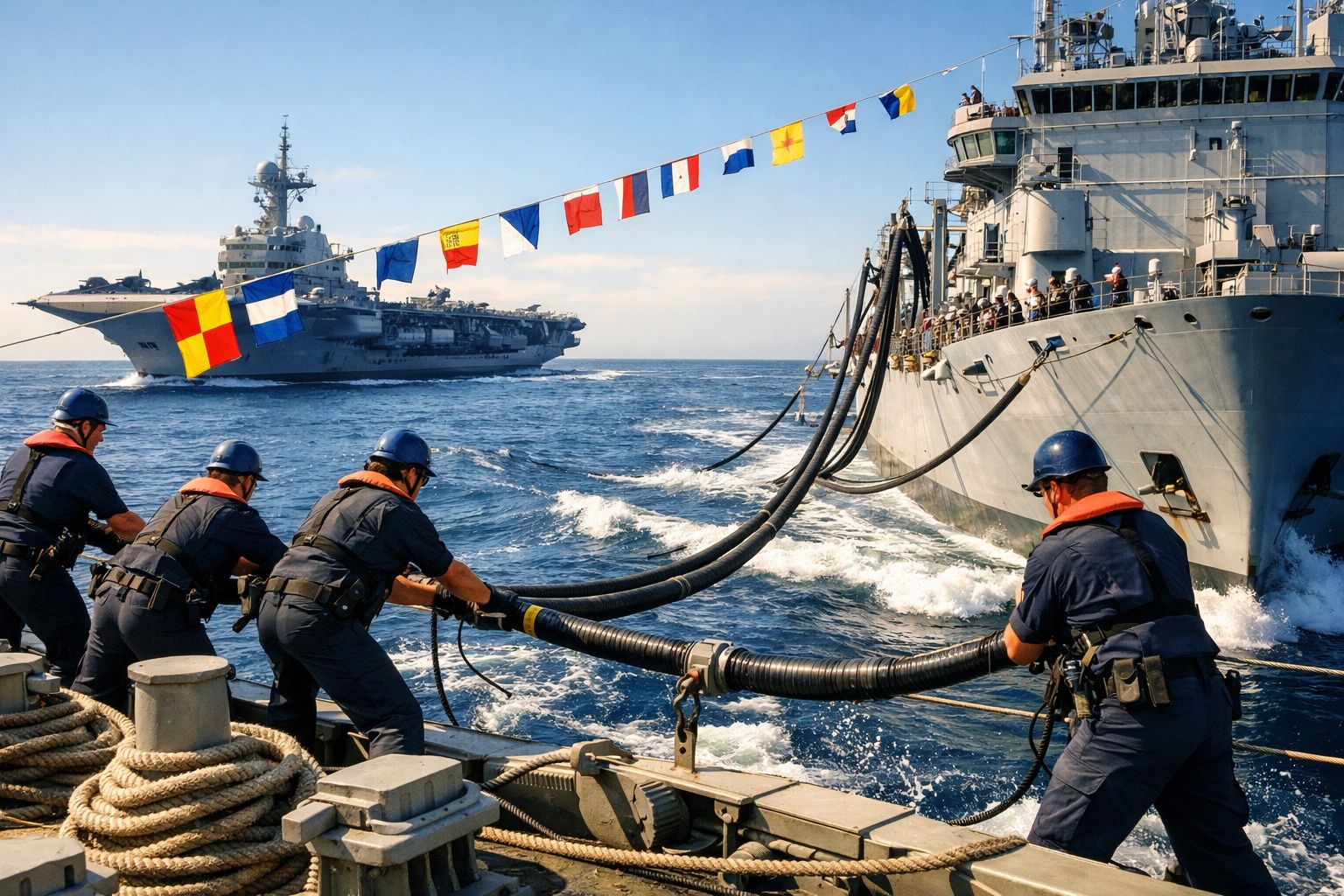 Marinheiros com capacetes azuis e coletes laranjas puxam cabos entre dois navios no mar, com porta-aviões ao fundo.