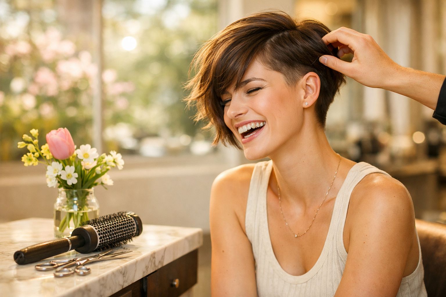 Mulher sorrindo com cabelo curto enquanto cabeleireiro finaliza seu corte em salão iluminado.