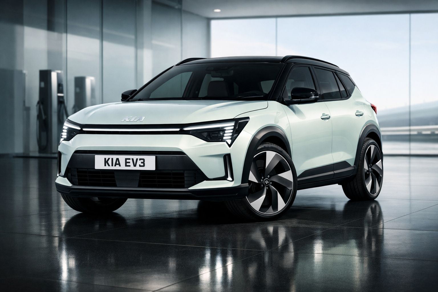 Carro elétrico Kia EV3 branco estacionado em ambiente interno, com design moderno e rodas grandes.