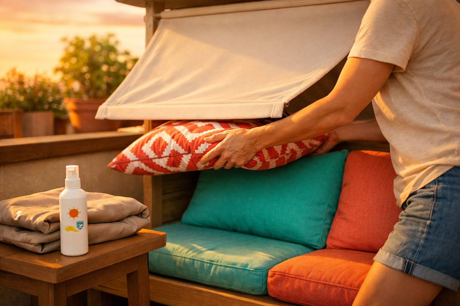 Pessoa organizando almofadas coloridas em sofá na varanda durante o pôr do sol.