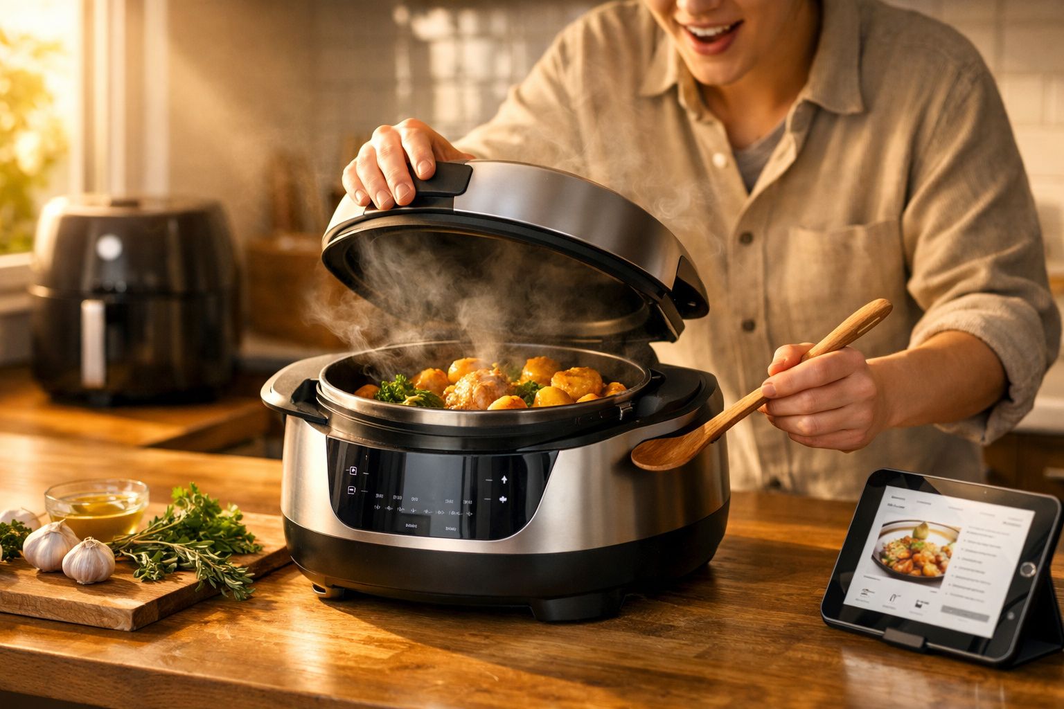Pessoa cozinhando legumes e batatas em panela elétrica moderna sobre bancada de madeira.