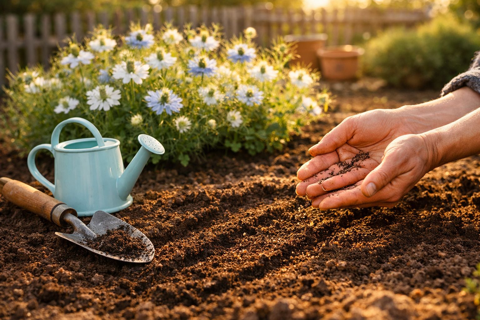 Mãos semeando sementes em terra preparada, regador azul e flores brancas ao fundo em jardim.
