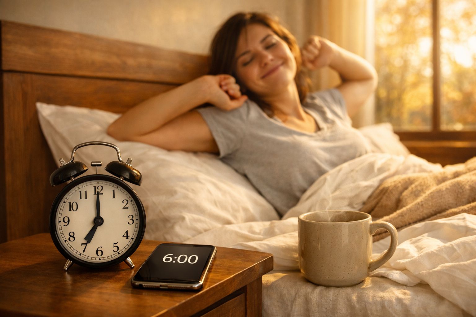 Mulher acordando na cama em manhã ensolarada, com relógio, celular e xícara na mesa ao lado.