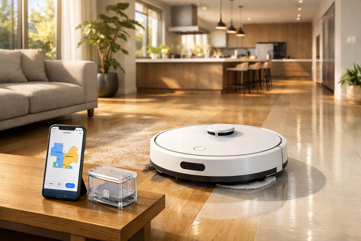 Robô aspirador branco limpando piso de madeira em sala ao lado de celular com app de controle.