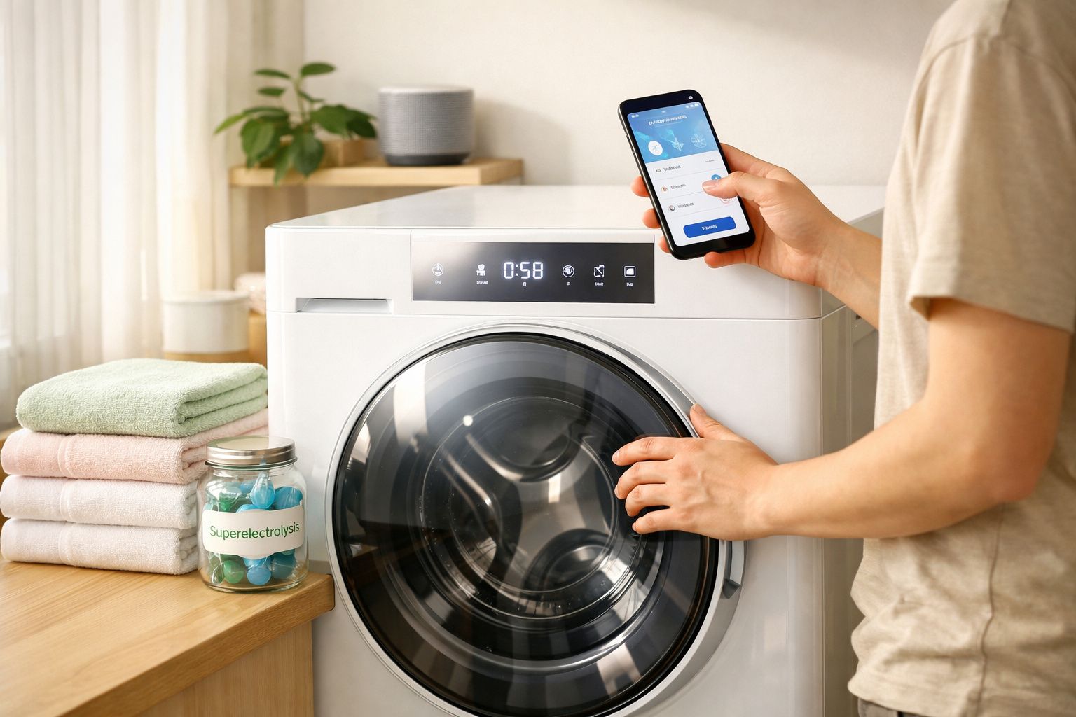 Pessoa usando celular para controlar máquina de lavar roupa branca com roupas dobradas ao lado.