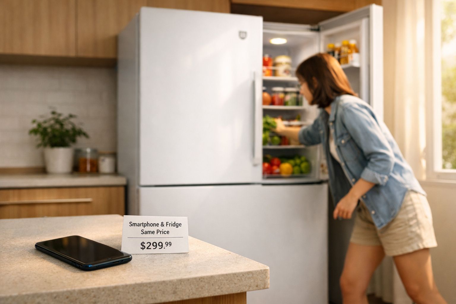 Smartphone sobre a bancada com cartaz de preço e mulher abrindo a geladeira na cozinha.