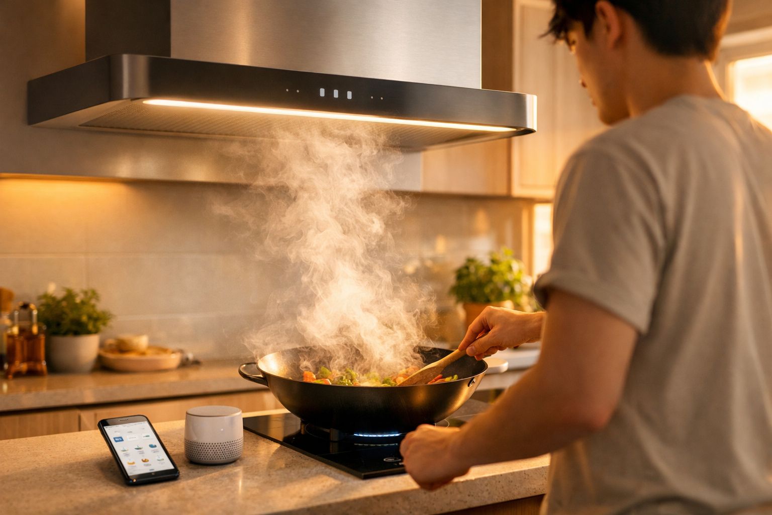 Pessoa mexendo alimentos em wok fumegante em cozinha moderna com coifa e assistente virtual.