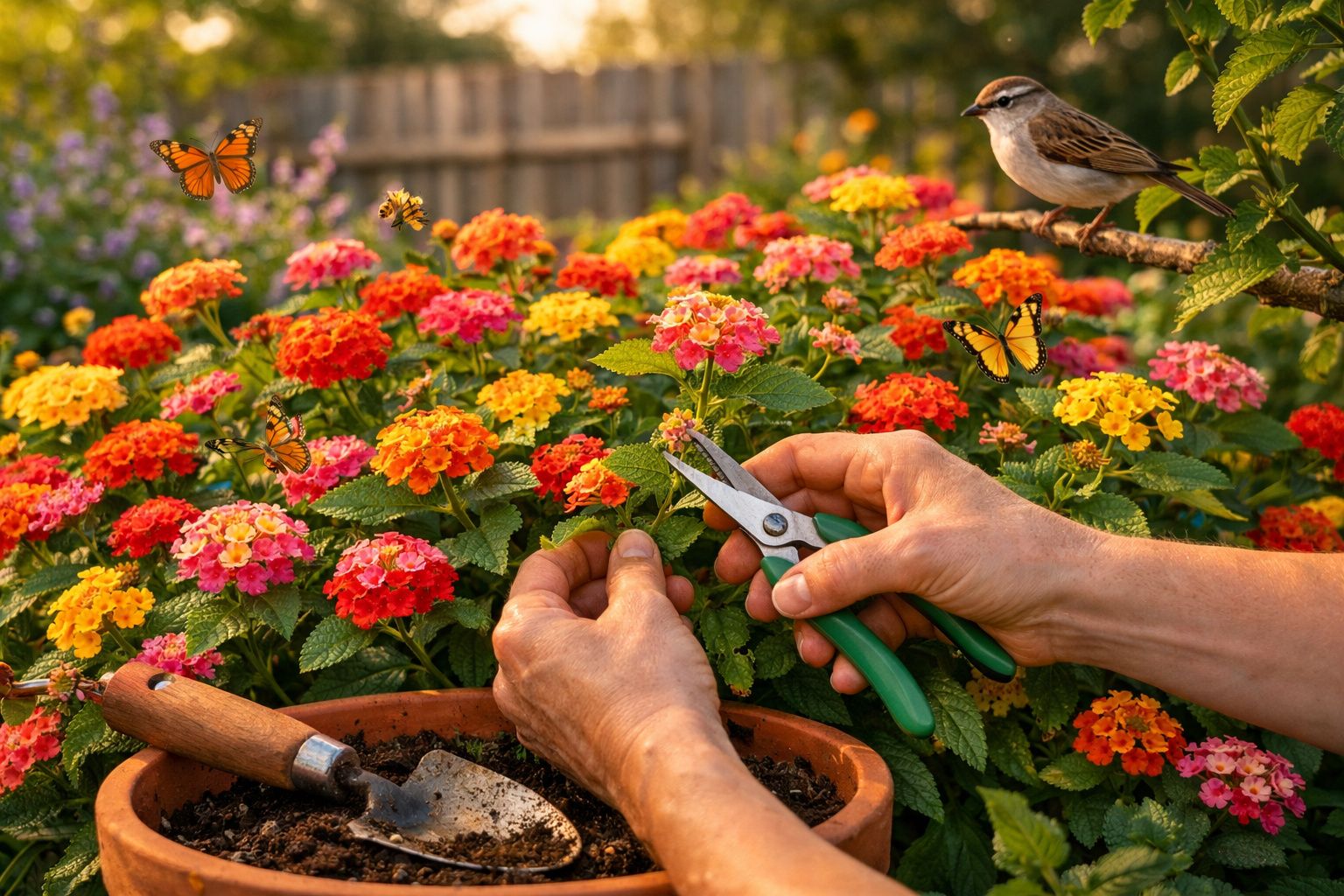 Mãos podando flores coloridas em jardim com borboletas alaranjadas e pássaro pousado em galho.