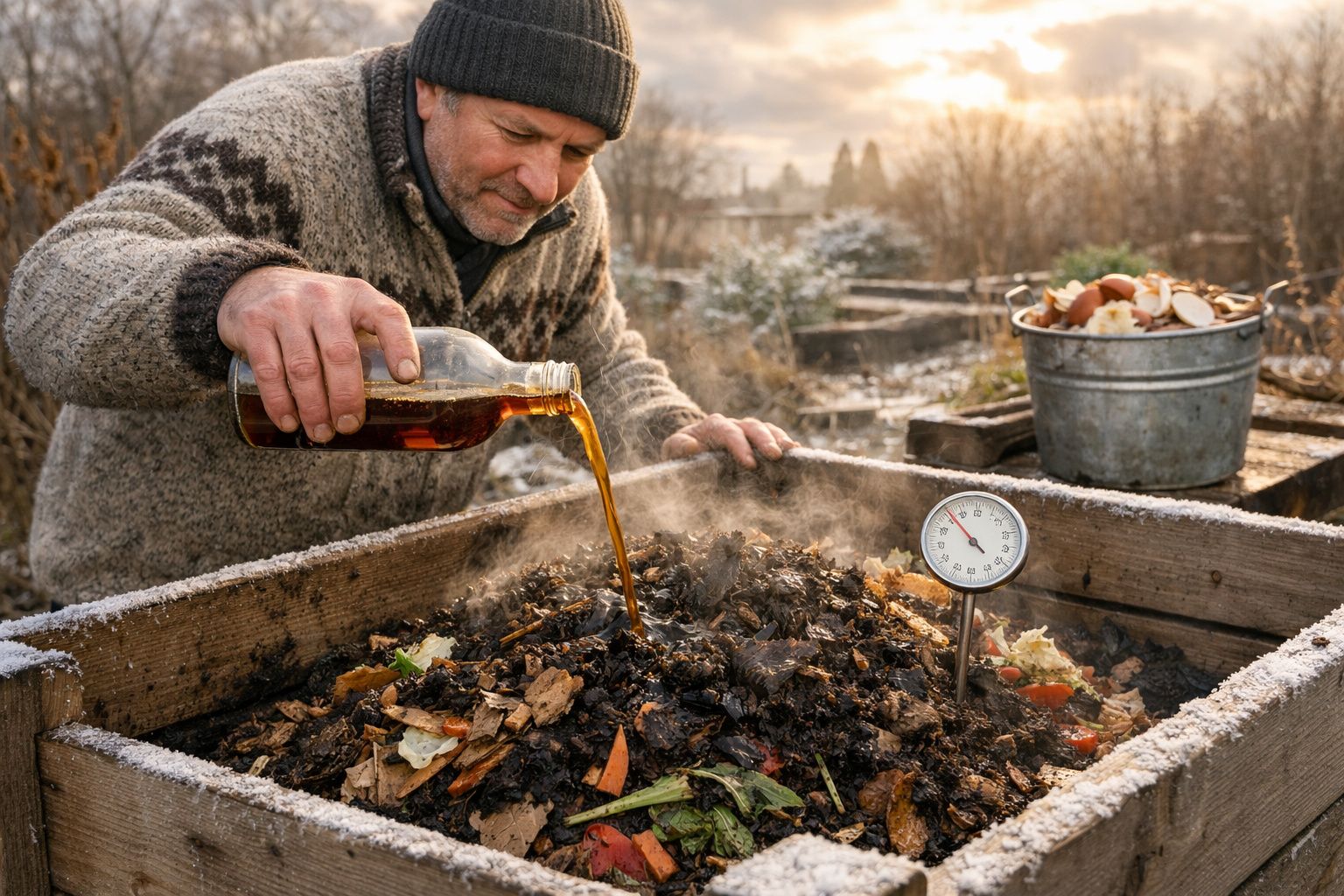 Homem derramando líquido marrom em composto orgânico em caixa de madeira com termômetro no outono.