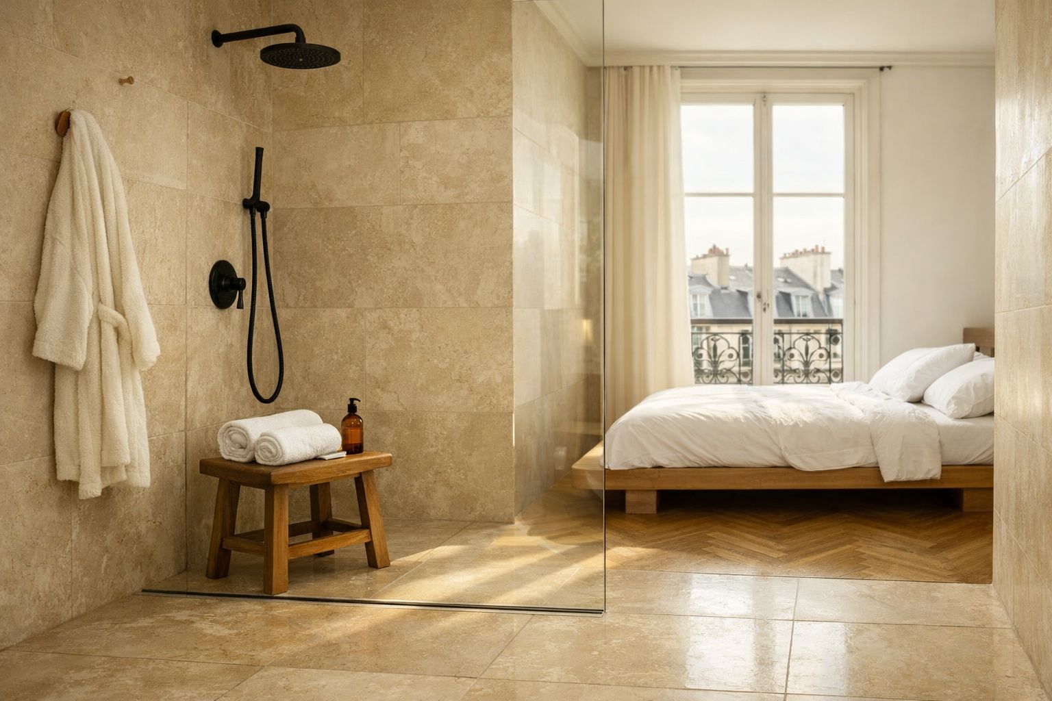 Banheiro integrado ao quarto com chuveiro preto, toalhas brancas e cama próxima a janela iluminada.