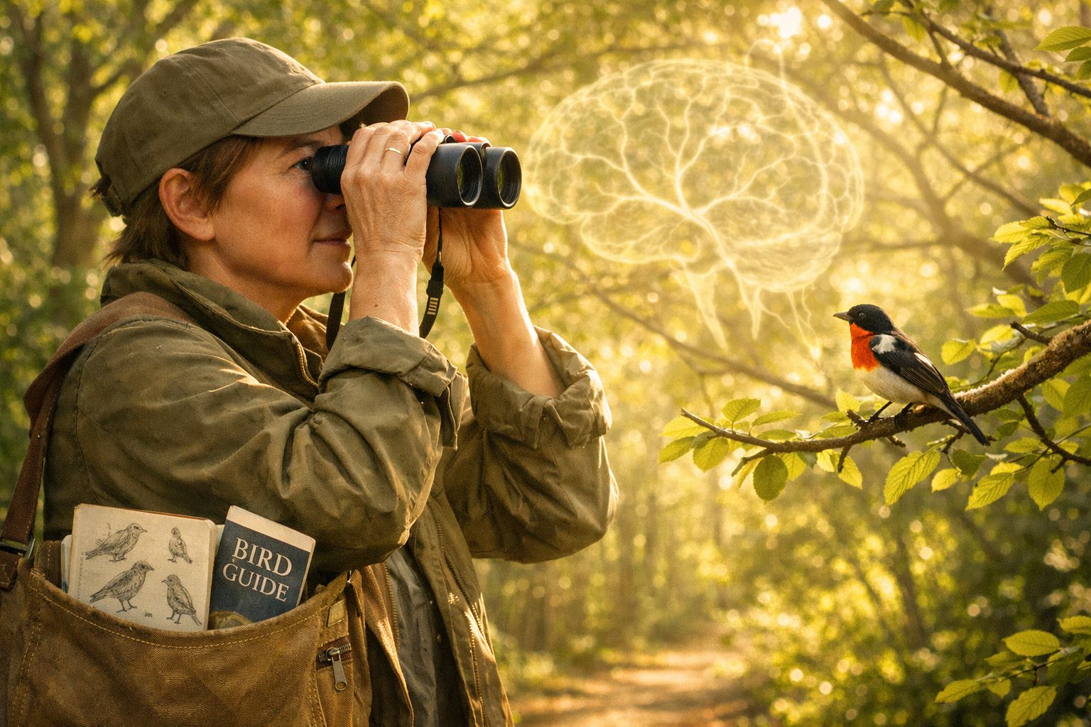 Mulher observando pássaro com binóculo em floresta, segurando guia de aves e imagem digital de cérebro.