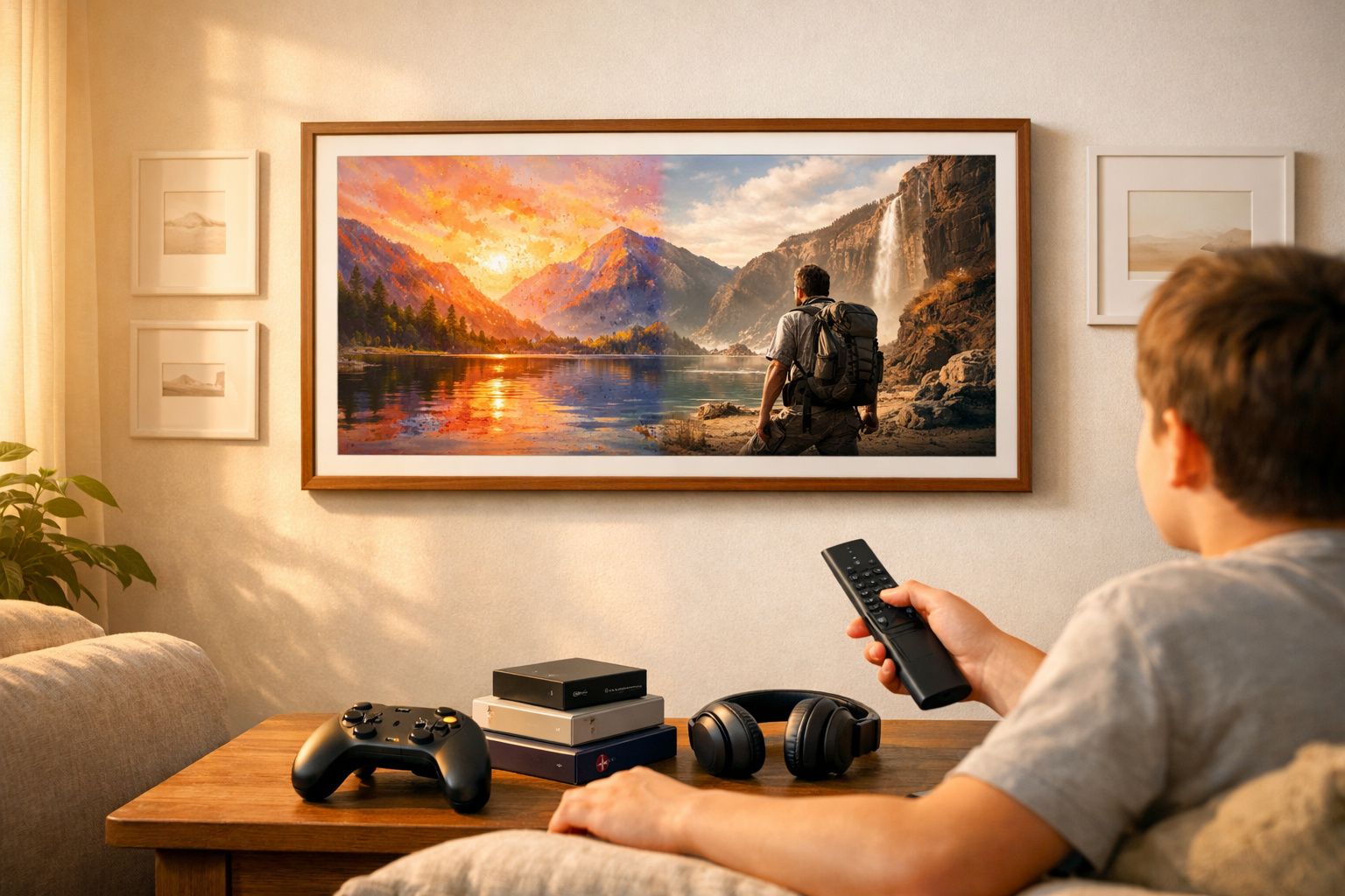 Criança assistindo TV na sala com controle, fone, videogame e parede com quadro de paisagem natural.