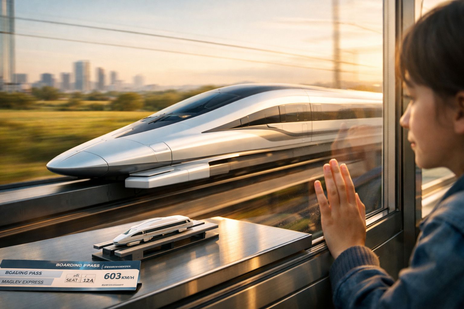 Criança olhando para um trem-bala moderno em alta velocidade, refletido na janela do vagão.