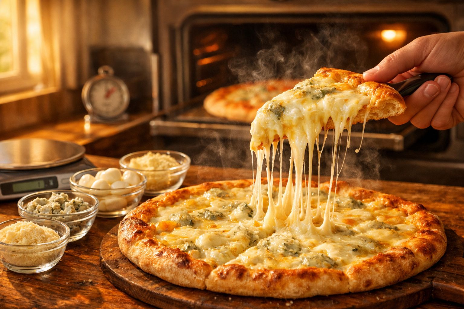 Pizza de queijo quente sendo servida com queijo derretido e ingredientes em potes ao lado, em ambiente rústico.
