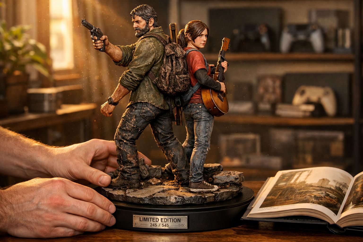 Estátua colecionável dos personagens Joel e Ellie em cena de ação do jogo The Last of Us, edição limitada.