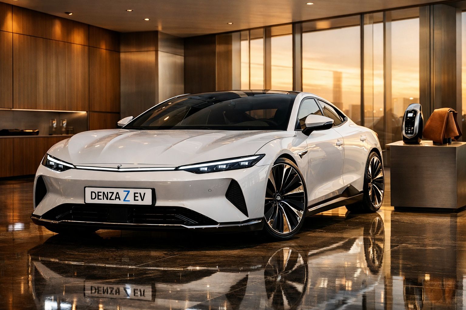 Carro elétrico branco Denza Z EV em ambiente interno sofisticado com iluminação quente e piso refletivo.