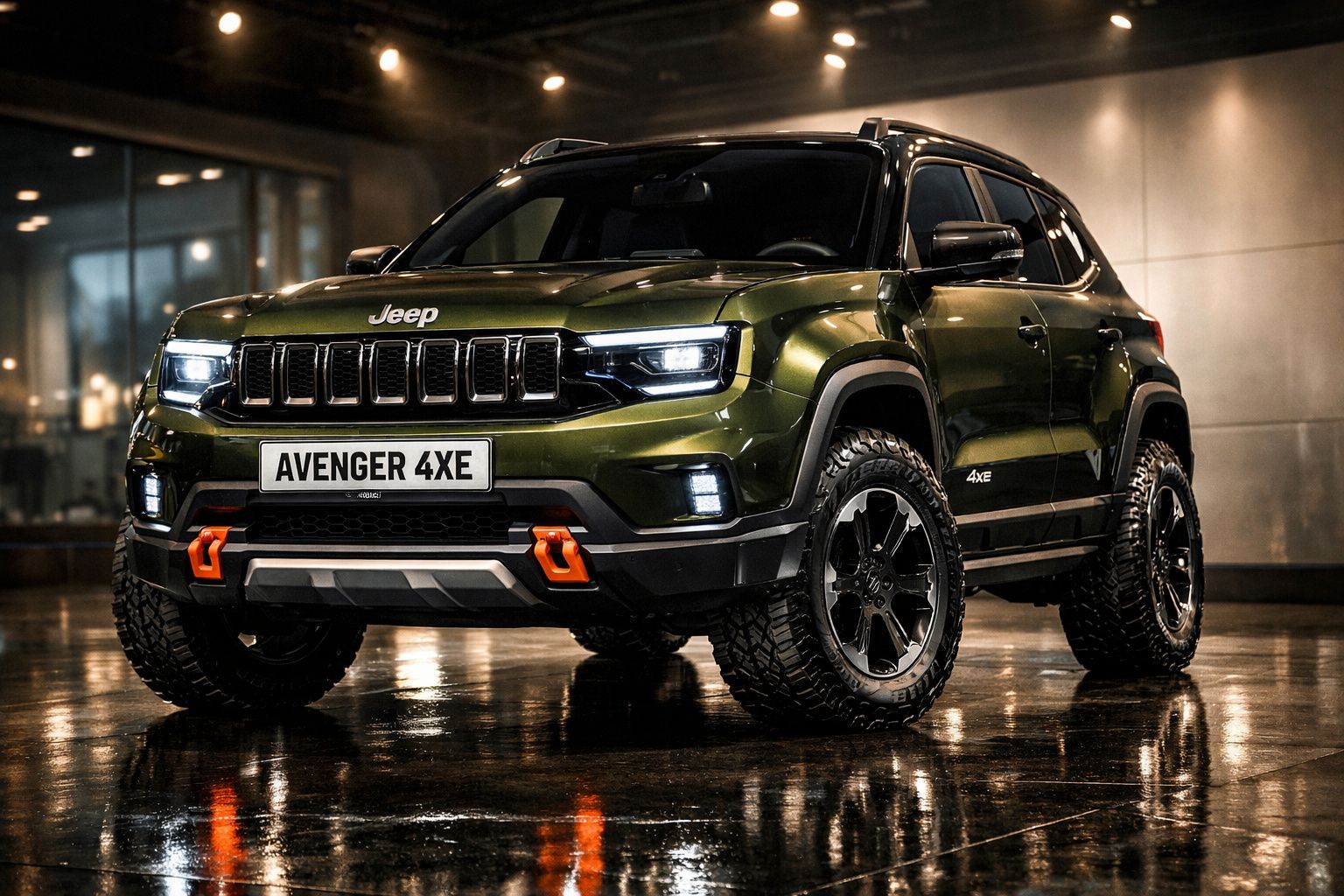 SUV Jeep Avenger 4XE verde com faróis LED acesos em piso molhado dentro de garagem iluminada.