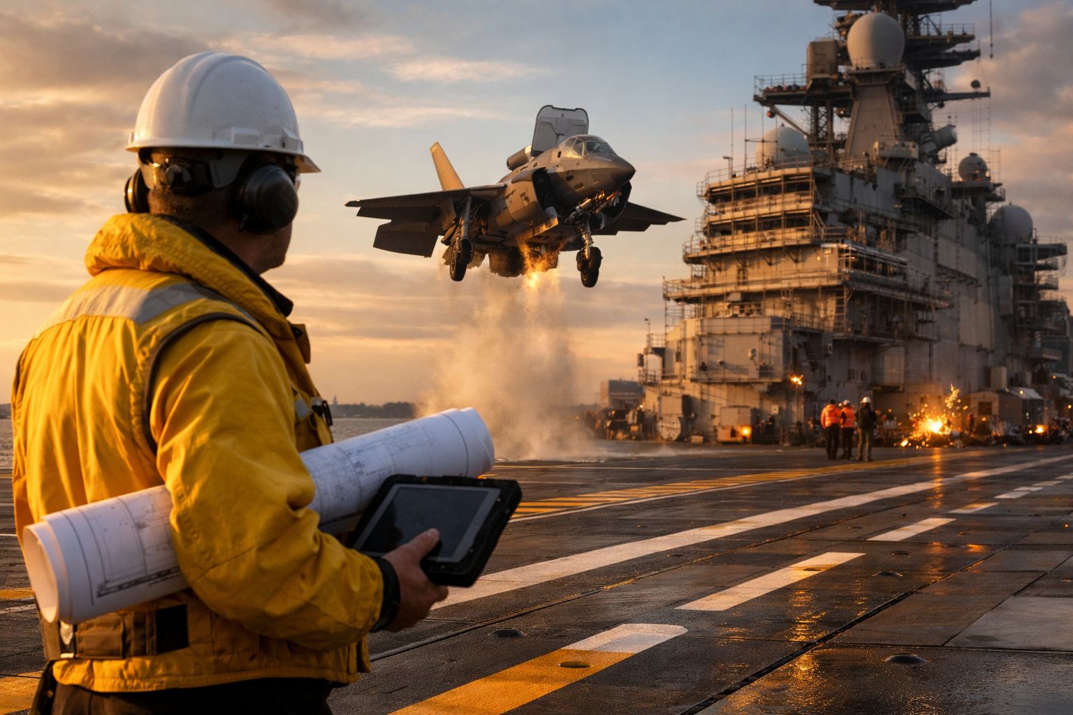Homem com capacete observa caça F-35 decolando de porta-aviões ao pôr do sol.