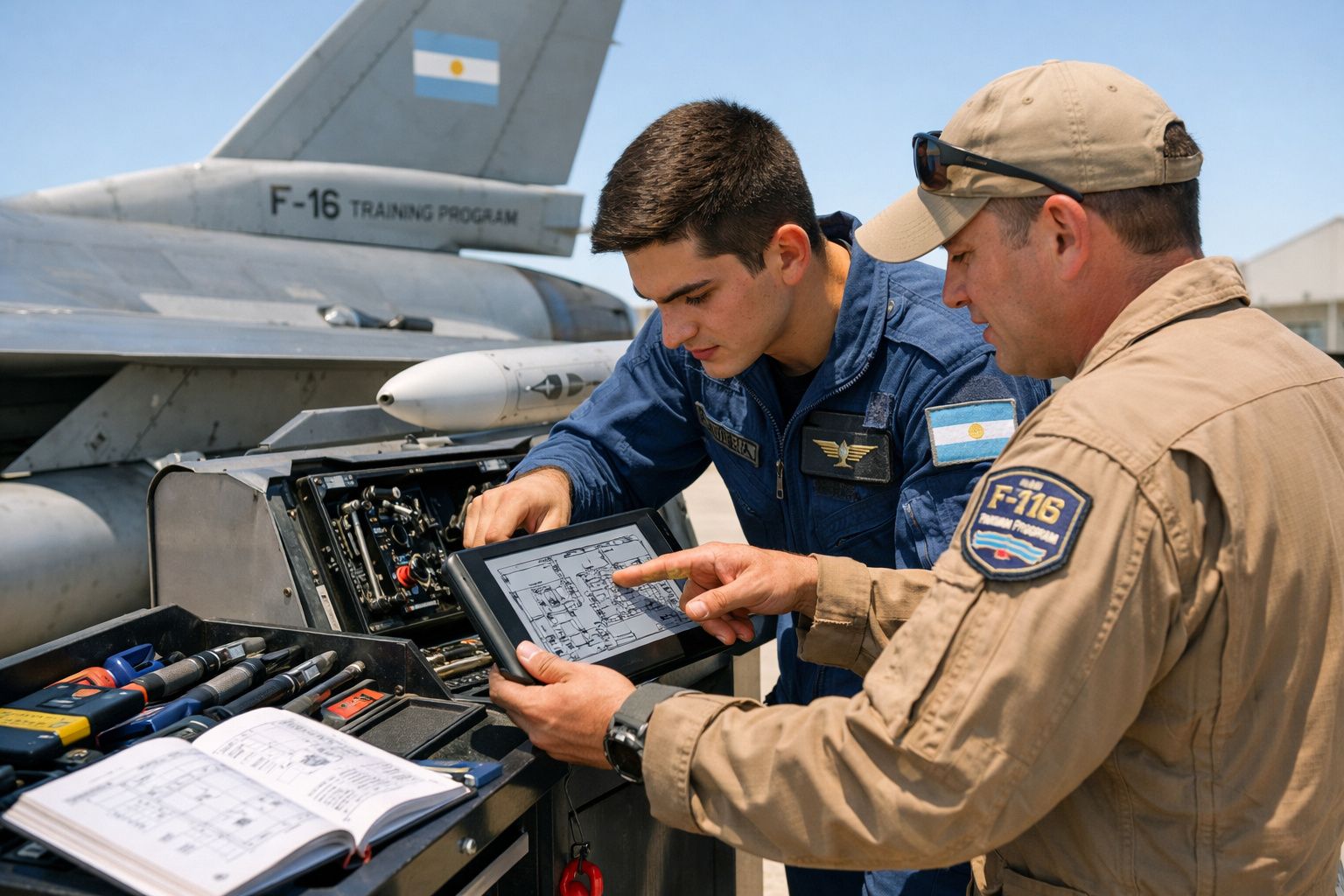 Dois técnicos militares argentinos analisam esquemas eletrônicos em tablet ao lado de caça F-16.