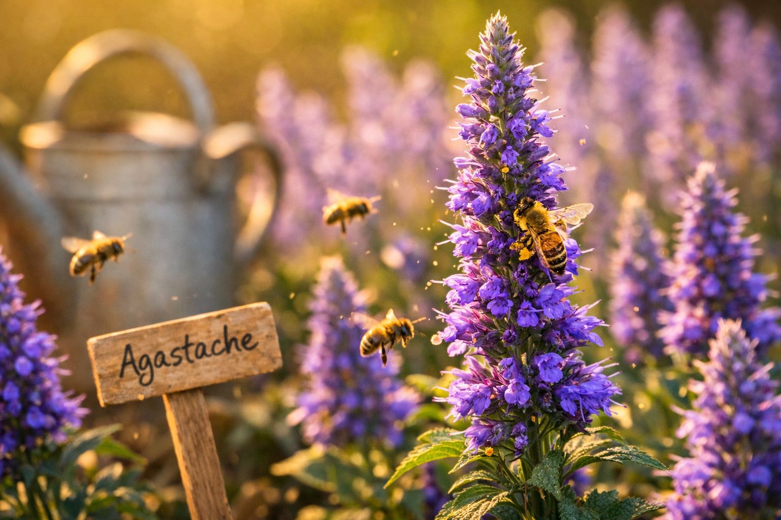Abelhas coletando néctar em flores roxas de agastache, com regador e placa ao fundo.